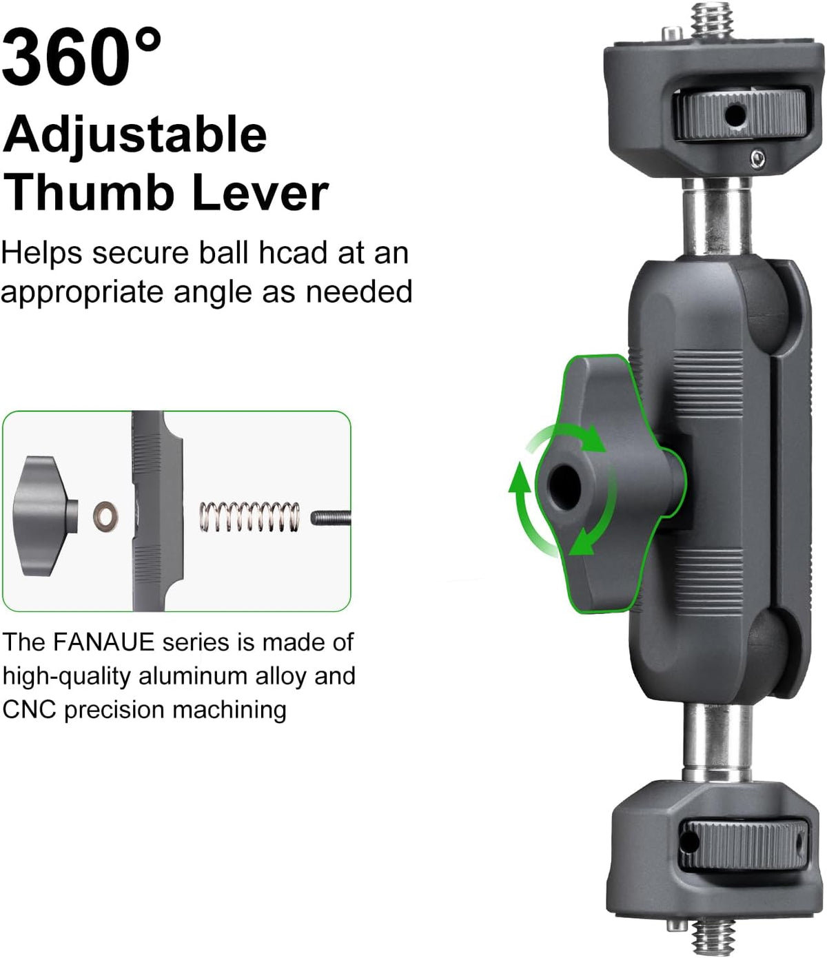 FANAUE Mini Articulating Arm Mount Camera Accessories Compatible with 1/4"-20 to 1/4"-20 Connectors (with Locating Pins) Aluminum-Built Arm Offers Flexibility Connectors