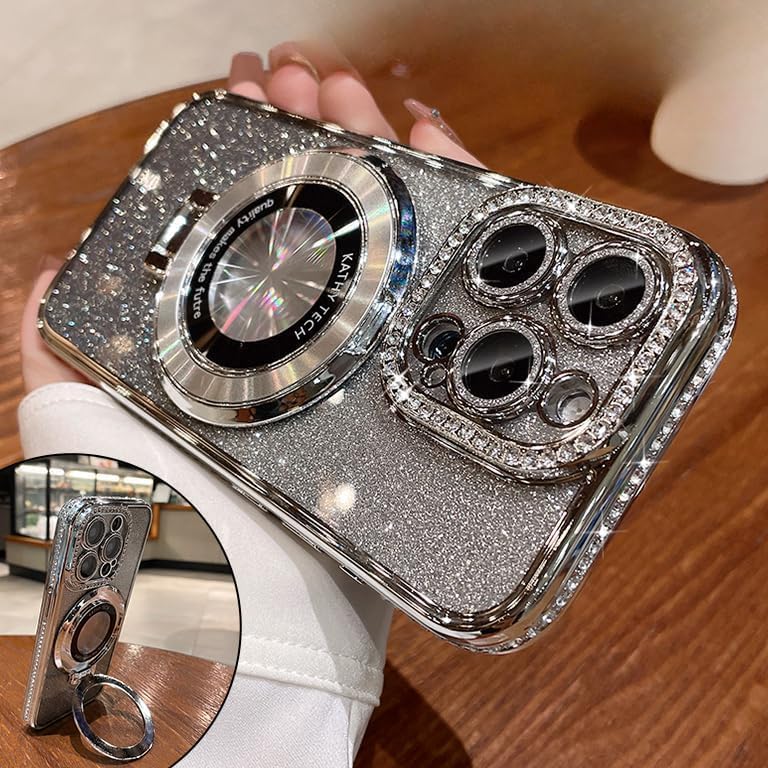 Magnetic Kickstand (Glitter Lens Protector ) Case for IPhone 15 14 13 12 Pro Max (Compatible with Magsafe ) Sparkling Diamond Cover Glitter Shiny Rhinestone Cases (Silver,for iPhone 15)