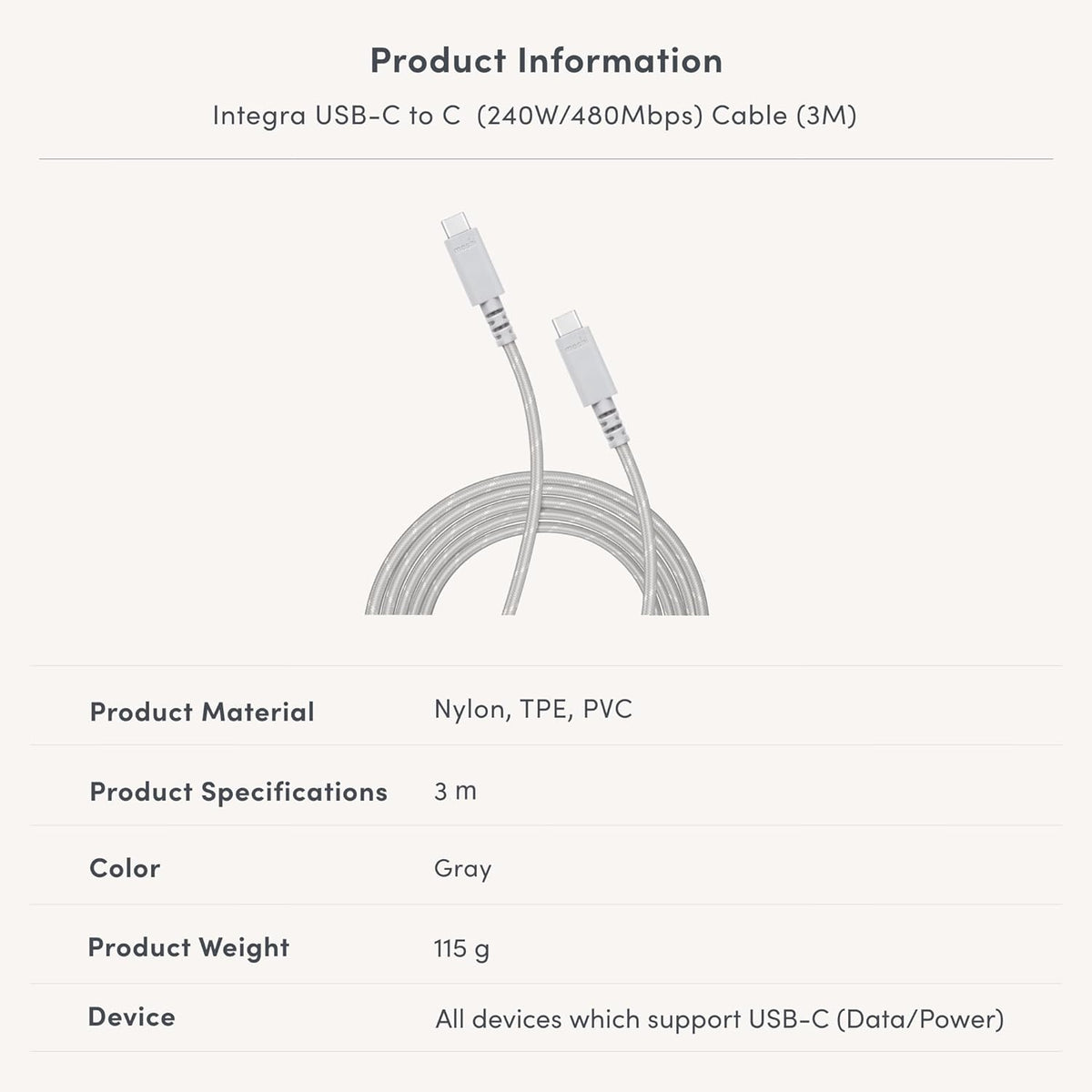 Moshi Integra USB-C to C Cable, Gray, 240W/480Mbps (3.0M)