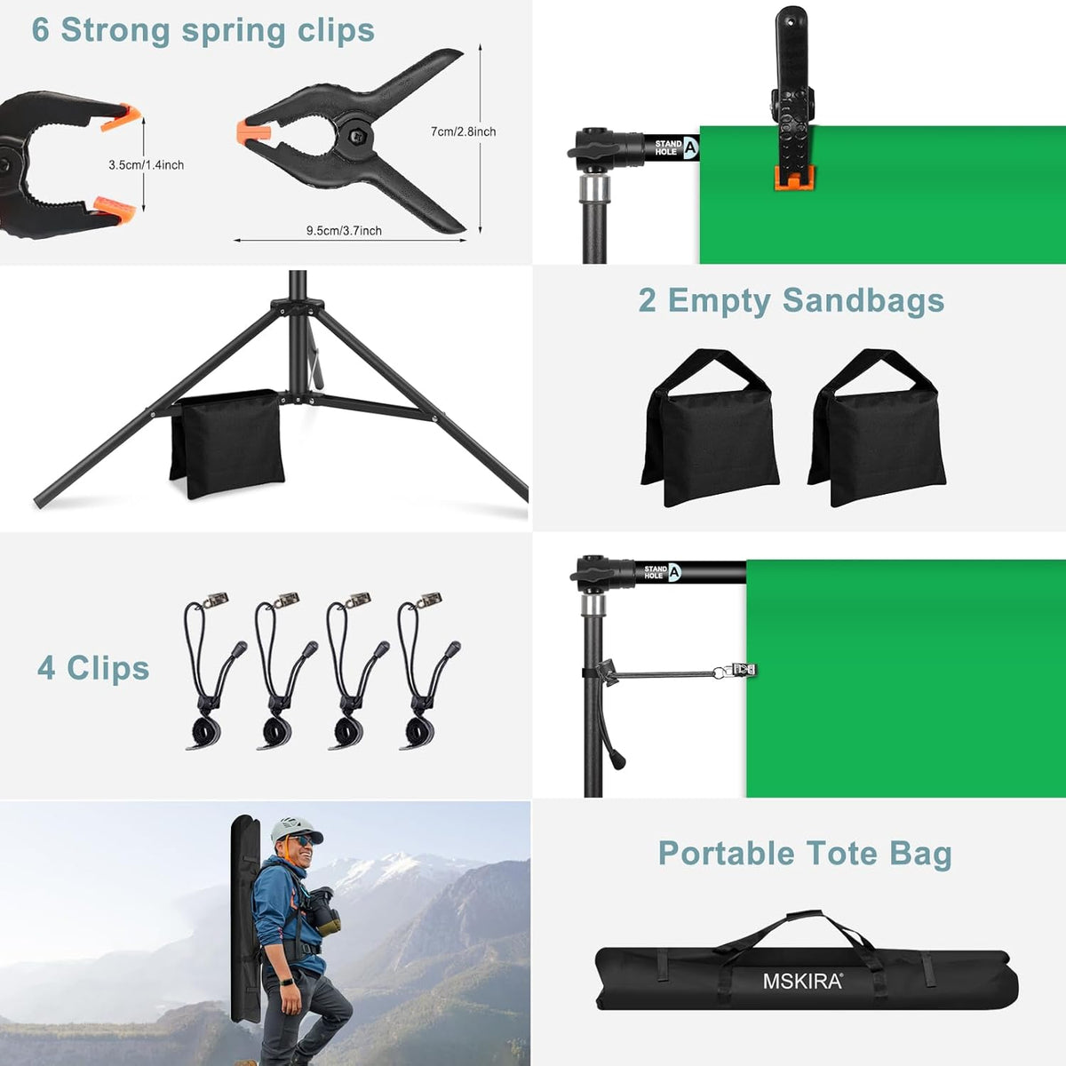 10.2x10Ft Heavy Duty Backdrop Stand, MSKIRA Adjustable Backdrop Support System Kit, Photoshoot Background Stand for Parties, Advertising Display with 6 Clamps, 4 Clips, 2 Sandbags, Carry Bag