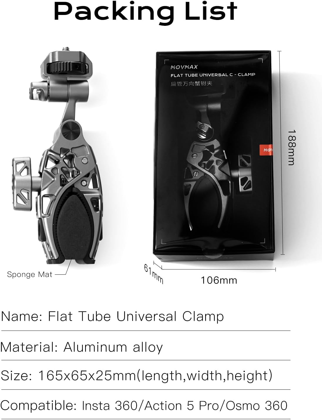 Movmax C Clamp Camera Mount for Flat Tube Road Bike, Super Clamp with 1/4"-20 Thread,E-Bike Accessories/Bicycle, Compatible with GoPro Hero13/12/11/10/ DJI Osmo 360/Action 5 Pro/4/3/Insta360 X4/X5
