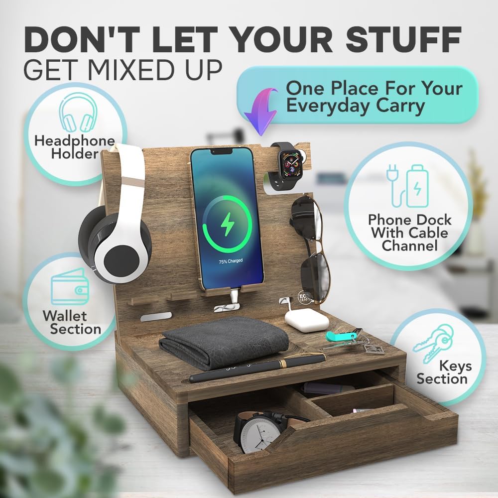 Nightstand Organizer - Bedside Holder for 2 Cellphones or 1 Tablet, Smart Watches, Headphones, Ideal Gifts for Men