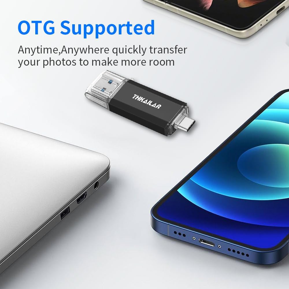 Thkailar USB C Flash Drive 256GB-USB Flash Drive with Type C and Type A 3.1 Port Compatible with Android Phone/PC/Mac Pro-Transfer Data(Black)