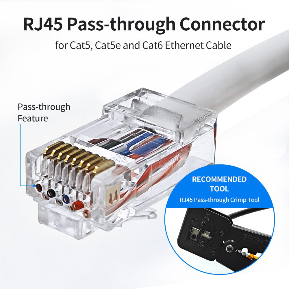 100 Pack RJ45 Connector - Cat 6 Pass Through Unshield Modular Crimp Network Plug for Cat6, Cat6e, Cat5