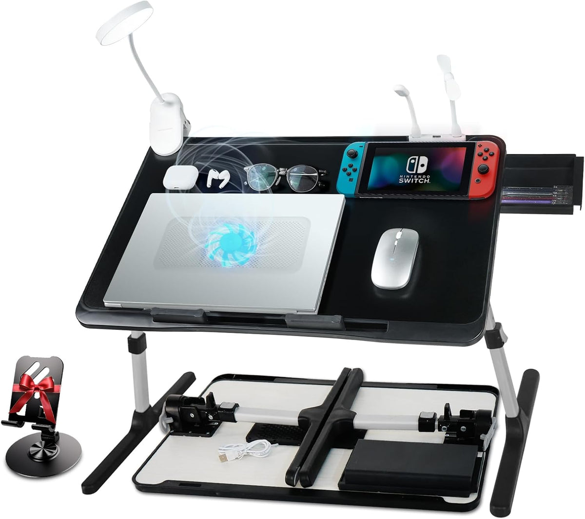 Laptop Lap Desk Include Cooling Fan,Adjustable Lap Desk with Light Fan,Folding Laptop Desk for Bed with USB,Bed Desk with Storage Drawer 56 * 32cm,Black