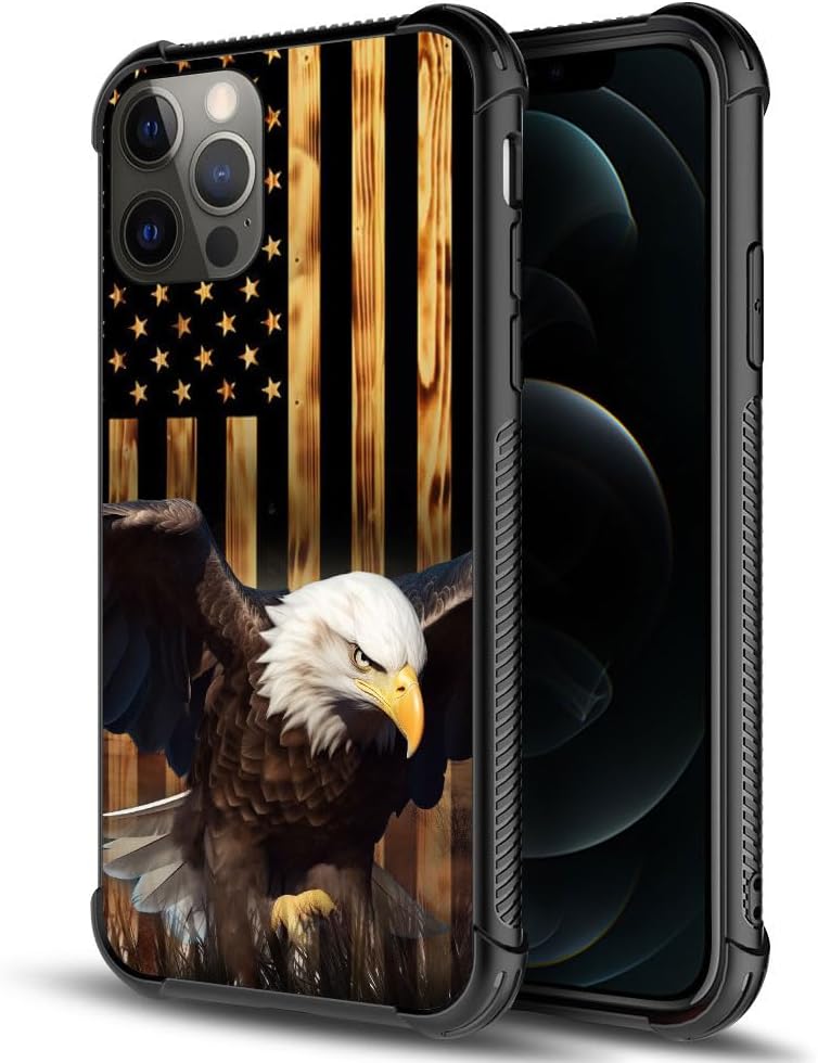 TnXee iPhone 12 Mini Case Compatible, Wood Grain American Flag Bald Eagle Pattern Design, Shockproof Anti-Scratch