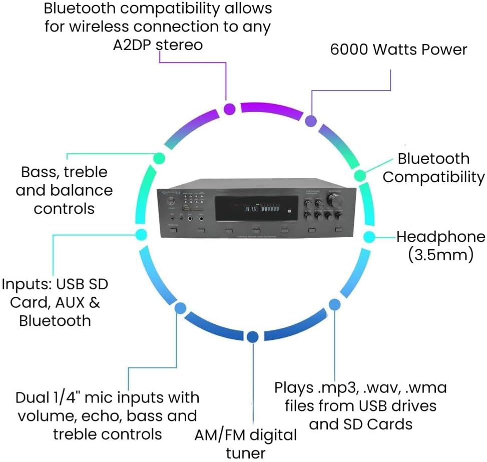 Vaiyer Home Audio System Kit, 6-Channel 6000 Watts Bluetooth Amplifier with 6.5" 12 QTY of 200 W Each Frameless in-Ceiling Speakers & 16 AWG 500 ft. Speaker Wire - Perfect for Home, Office, Restaurant