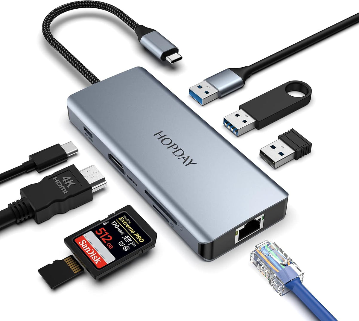 HOPDAY 8 4K Adapter(RJ45 3.0,PD 100W,SD/TF USB C Hub, Ports USB C Dock with Double Monitor HDMI, USB C LAN Port, USB