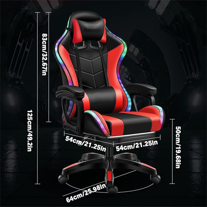 RGB Gaming Chair for Adults with Footrest and Massage Lumbar Pillow Swivel Height Adjustable Racing Reclining PU Leather LED Video Game Chair with Speakers E-Sports Gaming Chair