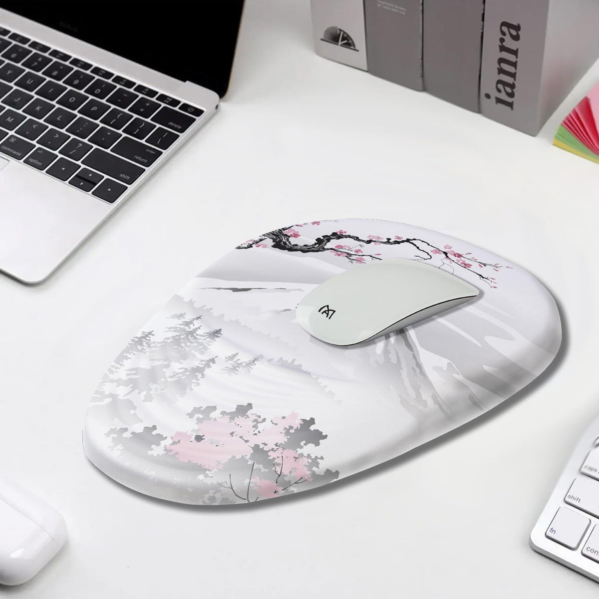 Ergonomic Mouse Pad with Wrist Support, Japanese Sakura Mouse Pad Wrist Rest Design and Non-Slip PU Base, Desktop Mousepads for Pain Relief, Desk, Computer, Office & Home, Fujiyama