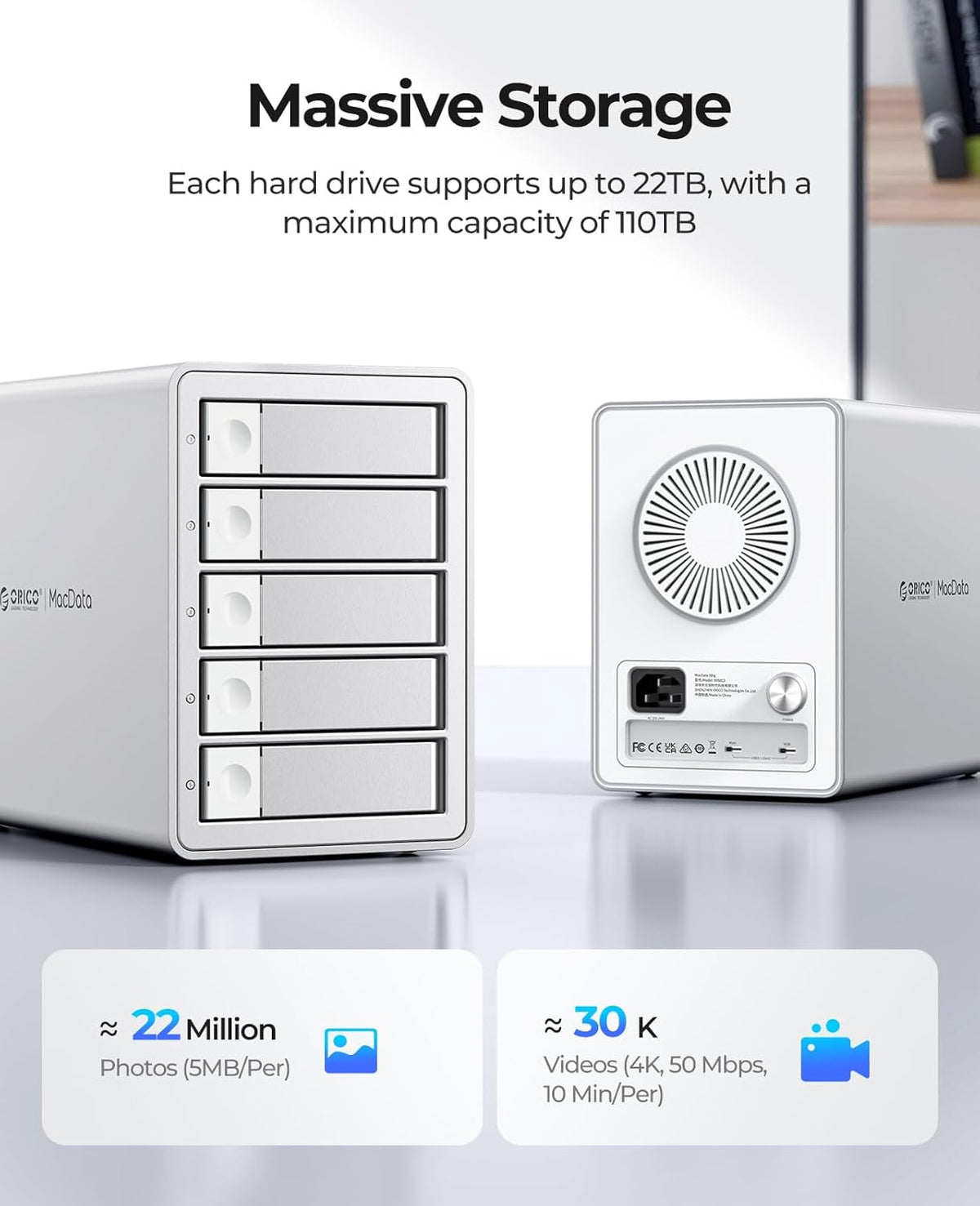 ORICO Daisy-Chain 5-Bay Hard Drive Enclosure External USB 3.2 Gen 2 Aluminum Das Enclosure Support 22TB and Expansion Max Up to 330TB for 3.5-inchs HDD -9958C3