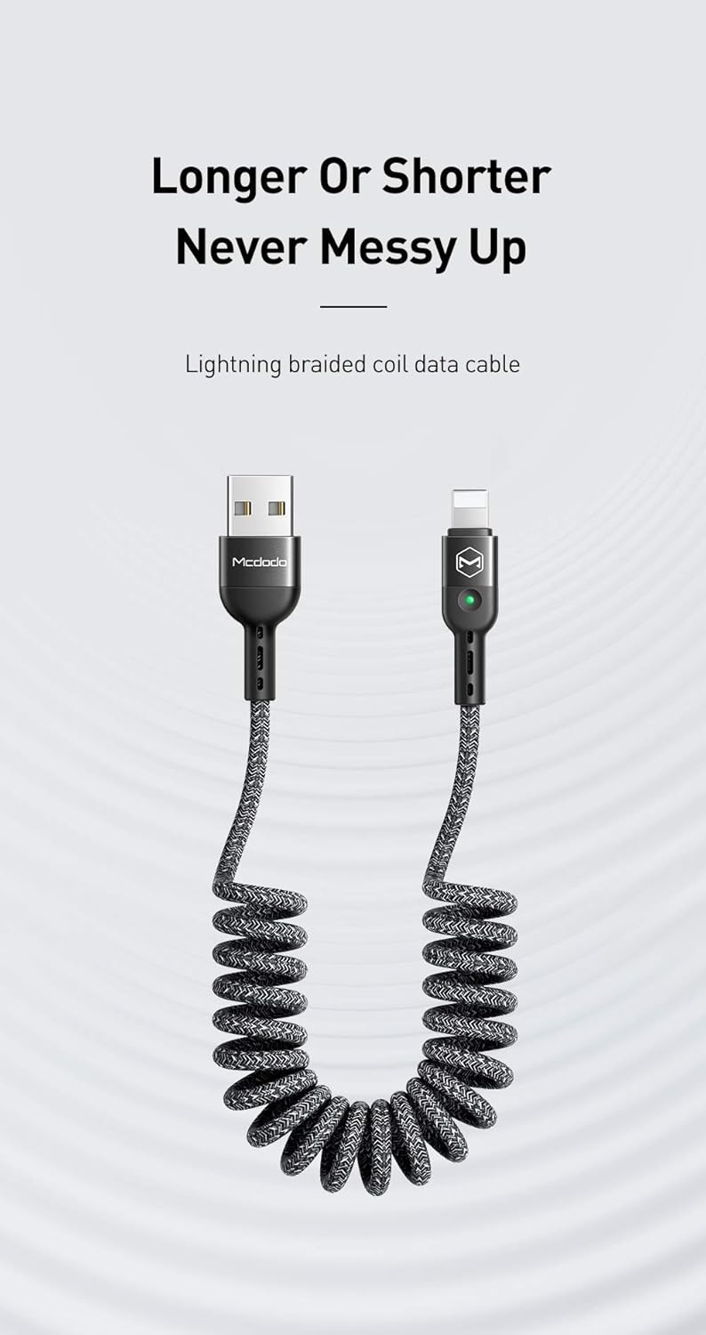 mcdodo Anti Winding Cable, LED Coiled Cord Nylon Braided Sync Charge USB Data 6FT/1.8M Cable (Black)