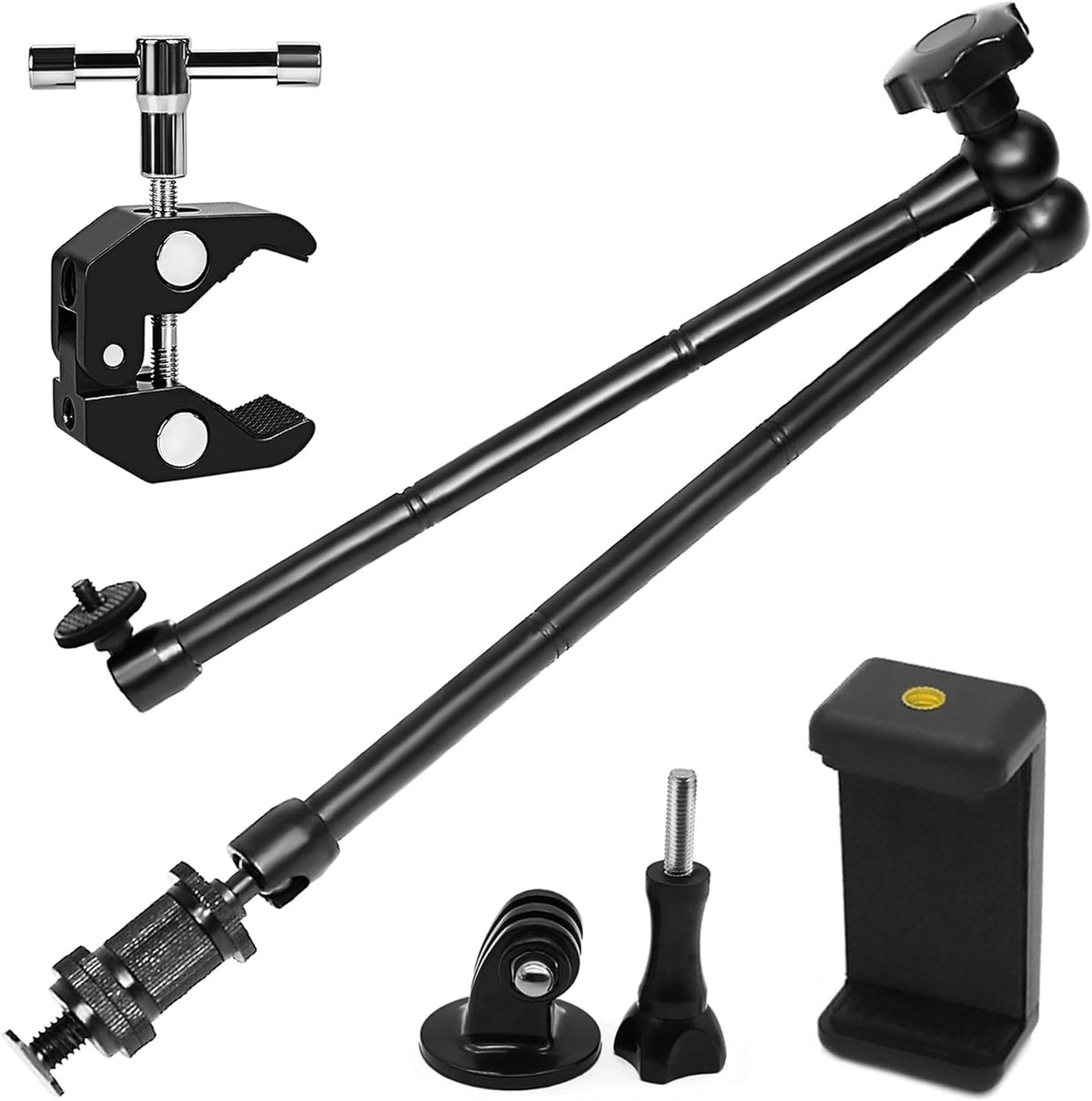 Camera Magic Arm articulating arm- 20 Inch Metal Adjustable Friction Articulated arm with Super Clamp/Phone Clip, for Various Action Camera/DSLR/LCD Monitor/LED Lights/Cell Phone