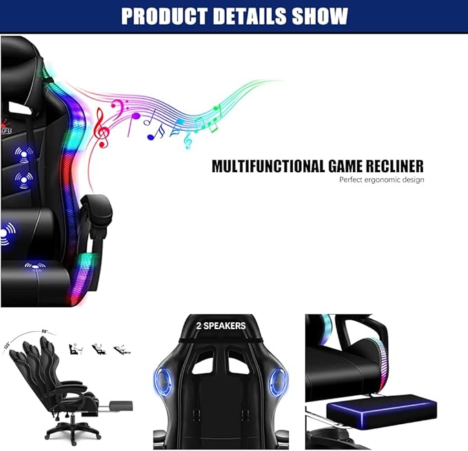 Video Gaming Chair with Speaker and RBG LightErgonomic Gaming Chair with Footrest and Massage Function90°-135° Comfortable Computer Reclining ChairAdults Teens Computer Chair.Red