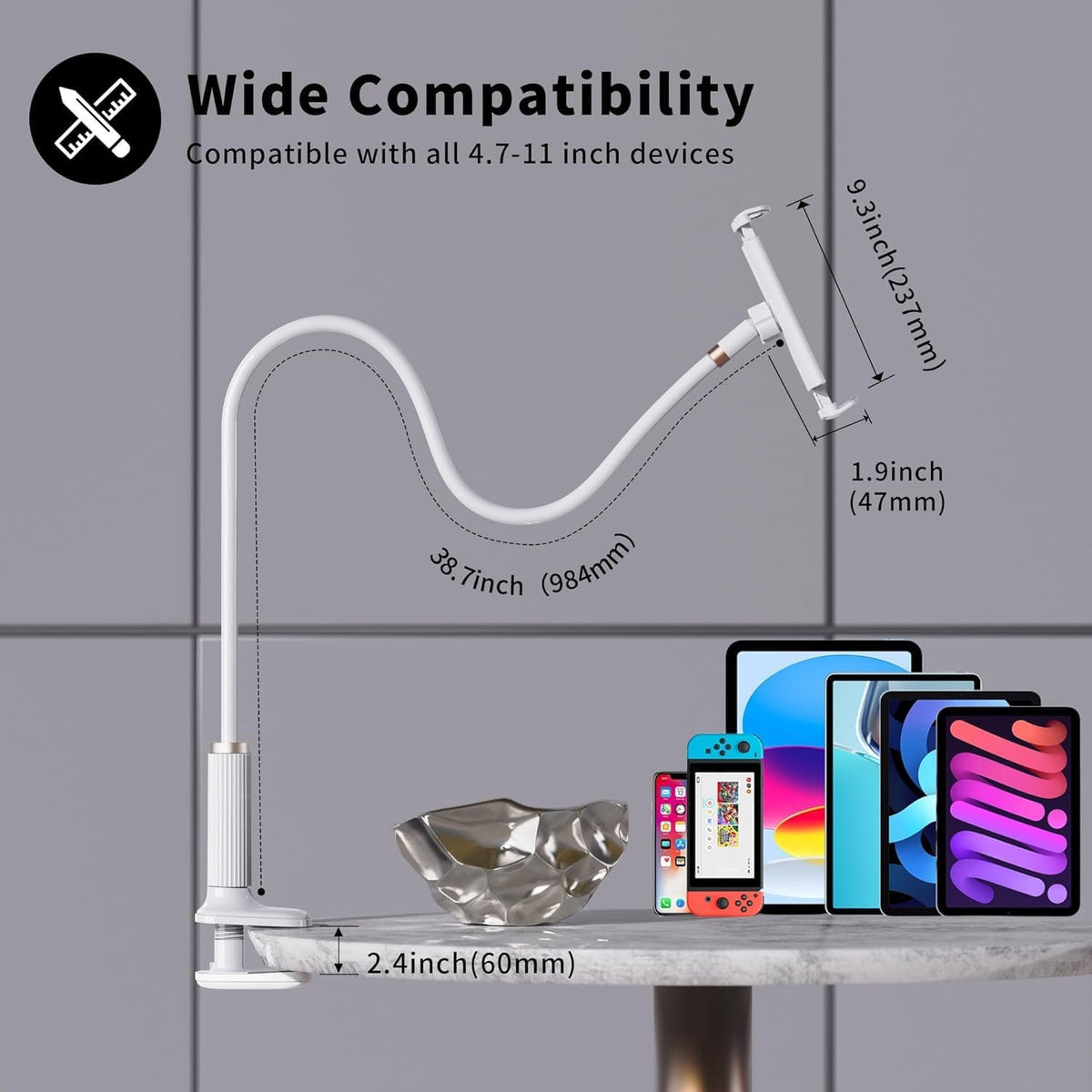 K-MT【38.7inch/98cm】 Tablet Phone Holder Table Desk Gooseneck Mount, Mount Holder Clip with Grip Flexible Long Arm Compatible for ipad iPhone/Switch/Samsung Tabs/Kindle Fire HD K-MT (White)