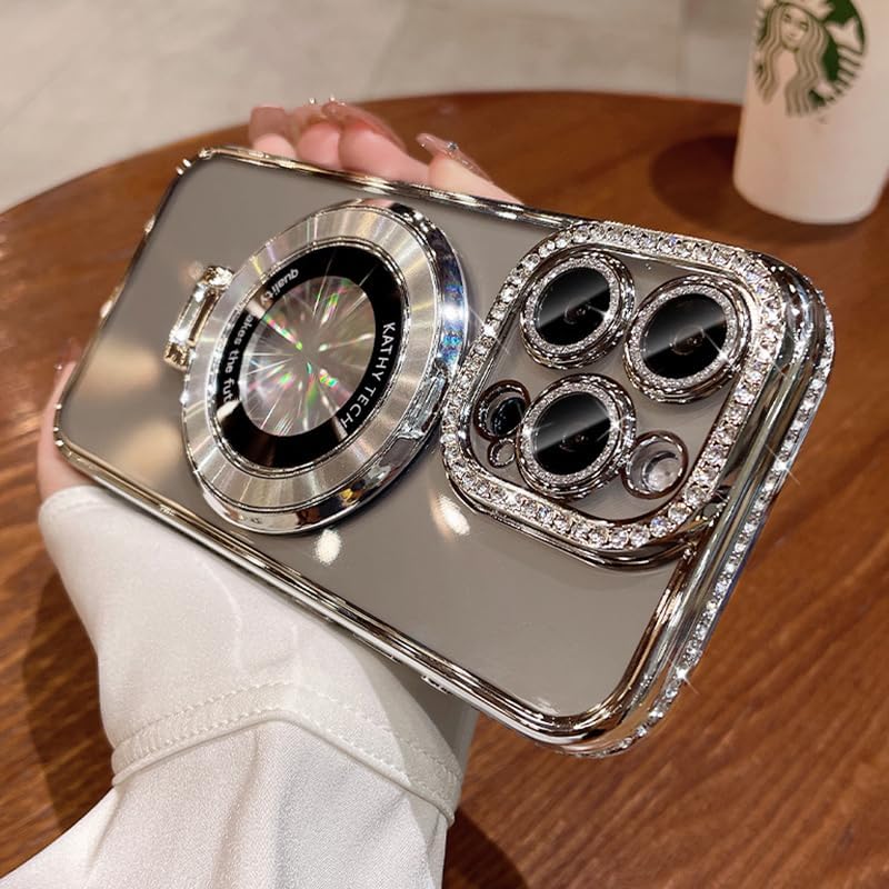 Magnetic Kickstand (Glitter Lens Protector ) Case for iPhone 16 15 14 13 Pro Max (Compatible with Magsafe ) Sparkling Diamond Cover Glitter Shiny Rhinestone Cases (Silver,for iPhone 16 Plus)