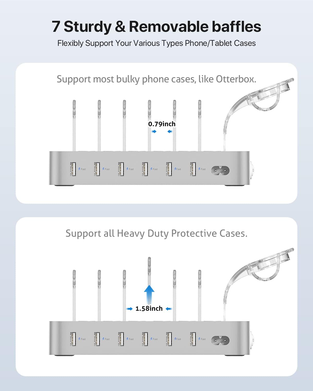 SooPii Premium 6-Port USB Charging Station Organizer for Multiple Devices, Silver