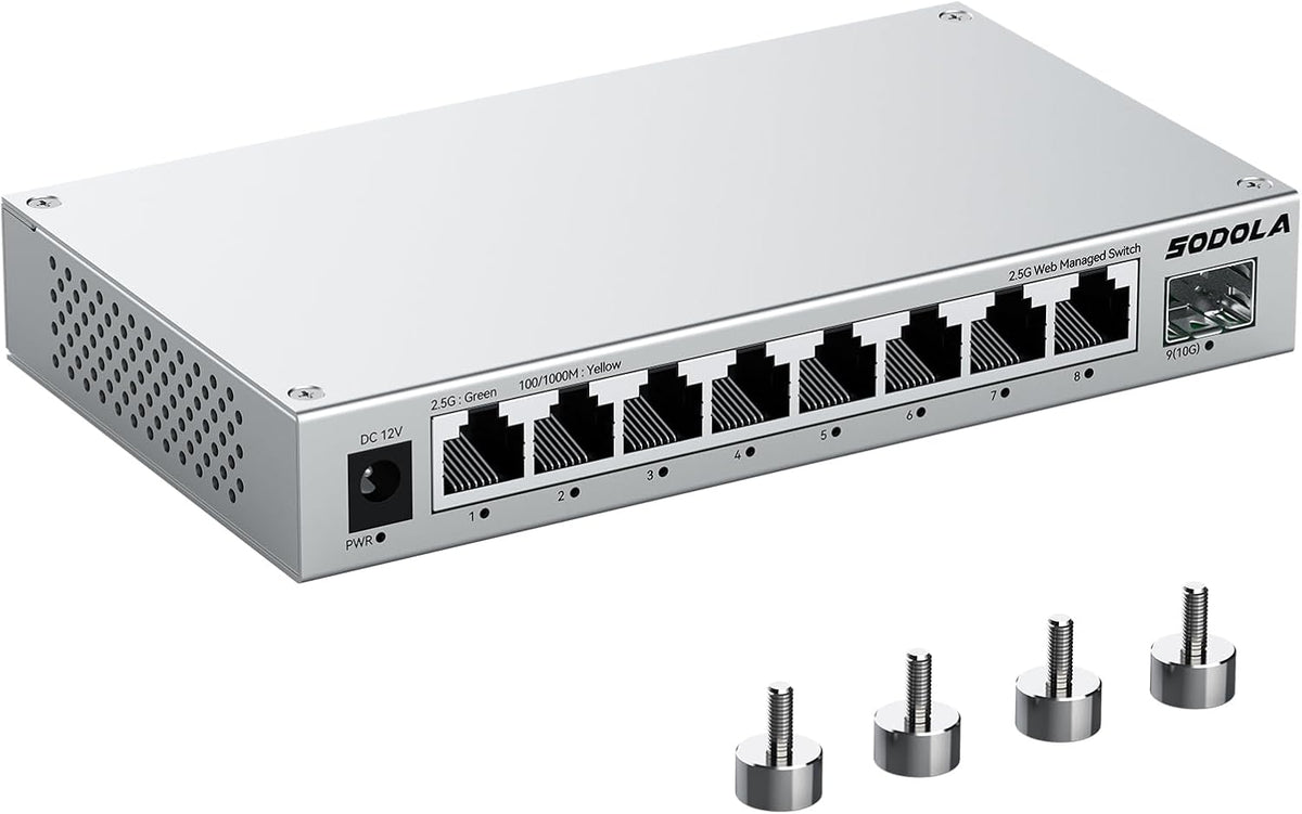 SODOLA 8-Port 2.5Gb Web Managed Switch with 10G SFP+, Aluminum Alloy Cooling & Magnetic Mounting - LACP/QoS/VLAN/IGMP Managed Multi-Gigabit Switch for Homelab