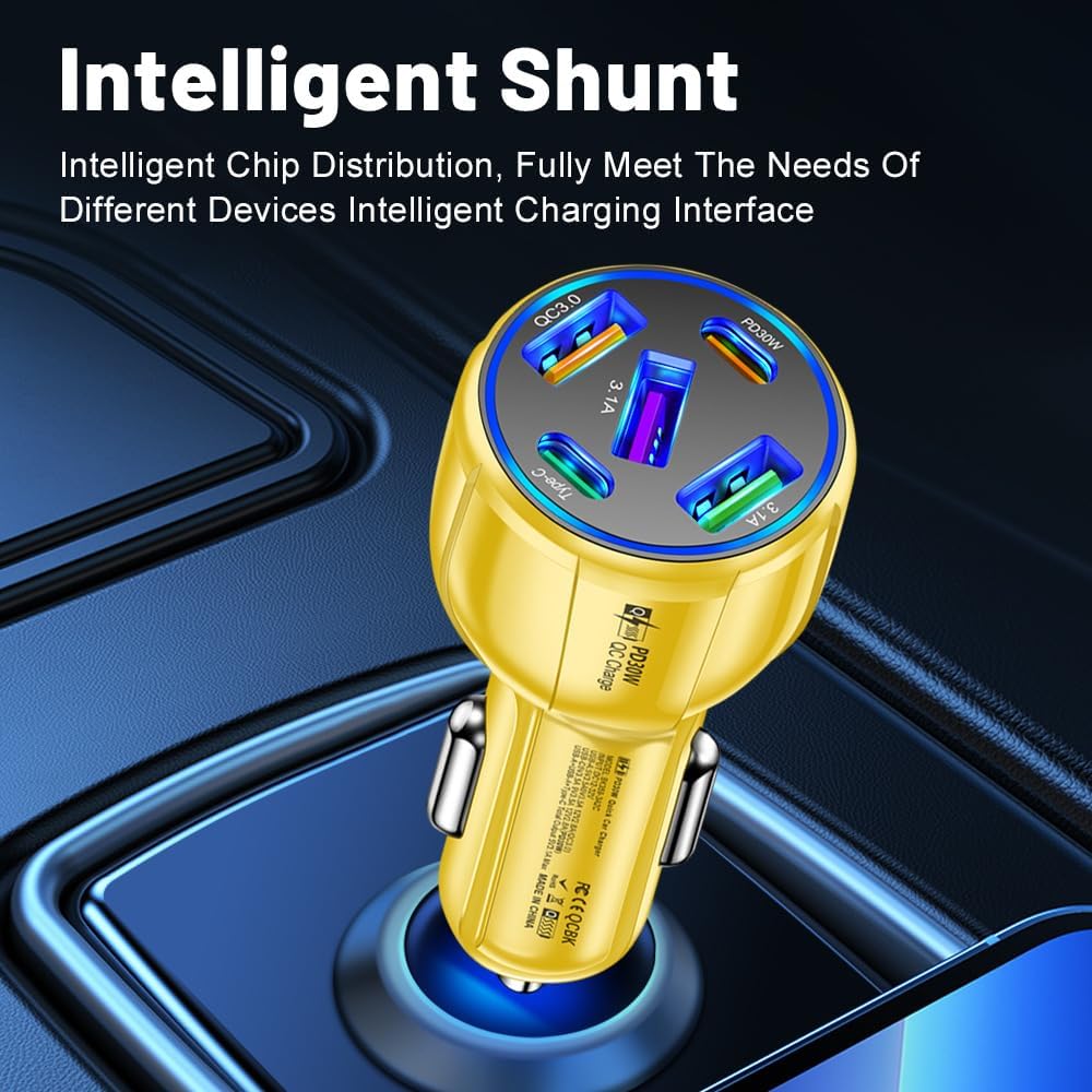 5-Port 75W USB C Car Charger, PD30W & QC3.0 Fast Charging Cigarette Lighter USB Charger Adapter for