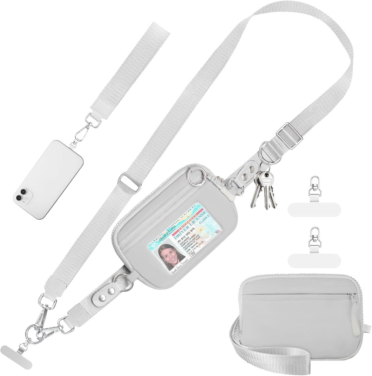 Clip and Go Strap for Phone with Wallet Crossbody Phone Lanyard Adjustable and Detachable RFID Wristlet Wallet with ID Window and Zipper, Grey