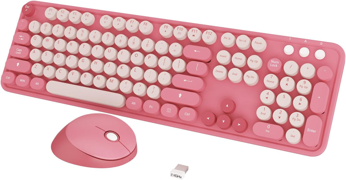 Wireless Keyboard,KOOTOP Cute Colorful 104 Keys Typewriter Retro Round Keycaps Keyboard for PC Laptop,Desktop,Windows, Home and Office Keyboards(Pink)