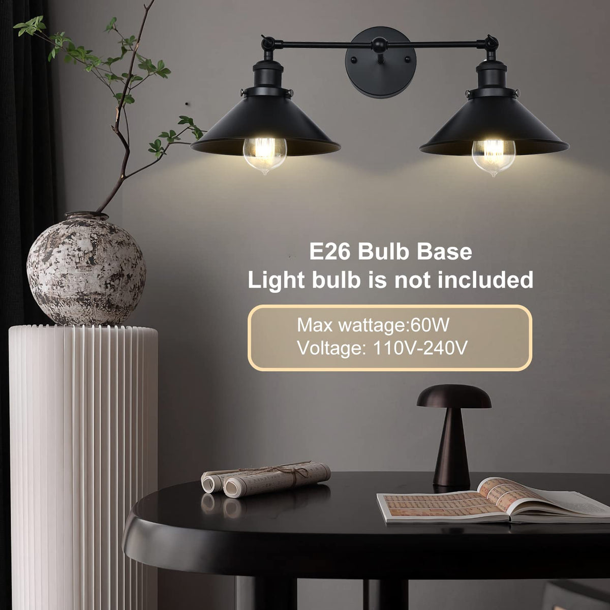 PUUPA 2 Lights Bathroom Vanity Light Fixture, Industrial Pipe Vintage Matte Black Metal Shade Farmhouse Wall Sconces Lighting