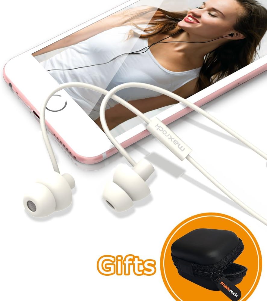 MAXROCK Sleeping Headphones, in-Ear Soundproof Earplug Soft Earbuds with Mic Noise Cancelling Sleep Earphones Earpods for Side Sleeper, Insomnia, Snoring, Air Travel, Bedtime Listening… (White)