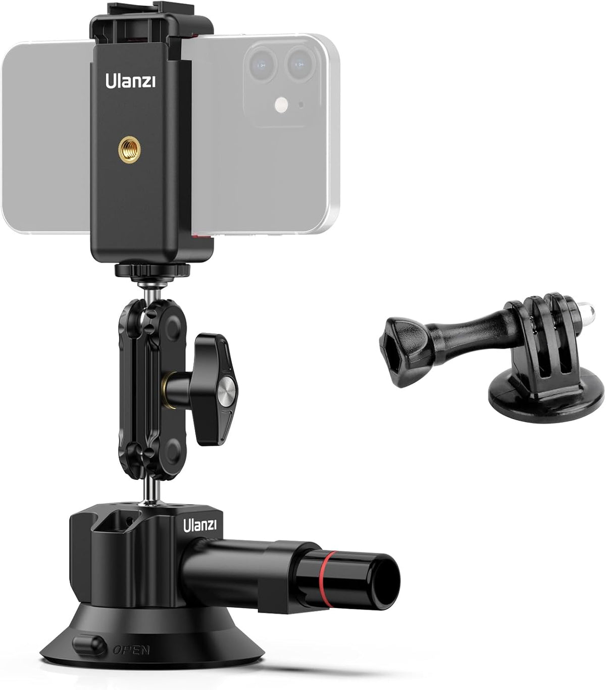 UURig SC-01 Suction Mount 3" for Vlogging Action Camera Car w Smartphone Clamp Compatible with DJI OSMO Pocket 3/OSMO 360/Insta 360 x5/iPhone 16 15 14 13 Pro Max, 1/4" Magic Arm Car Windshield Window