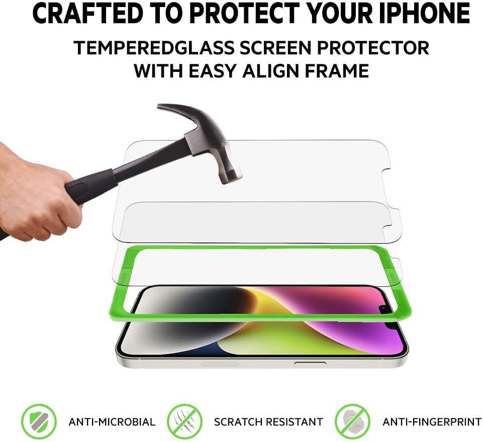 Belkin iPhone 14 Pro Tempered Glass Screen Protector (2-pack) - 9H Hardness, Easy Alignment Guide, Case Compatible.