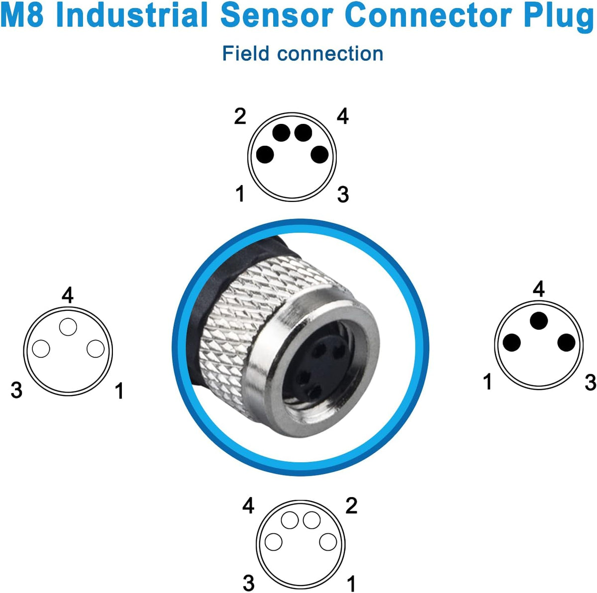 M8 4-Pin A Coding Female Circular Aviation Connector Plug, 8mm Waterproof Adapter, 4 Pack