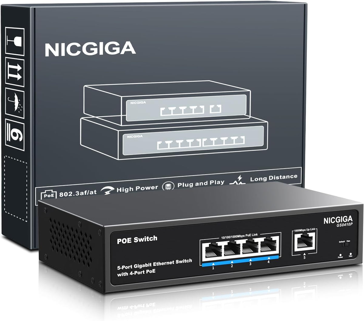 4 Port Gigabit PoE Switch Unmanaged with 4 Port IEEE802.3af/at PoE @78W, 1 x 1000Mbps Uplink, NICGIGA 5 Port Network Power Over Ethernet Switch, VLAN Mode, Desktop/Wall-Mount.
