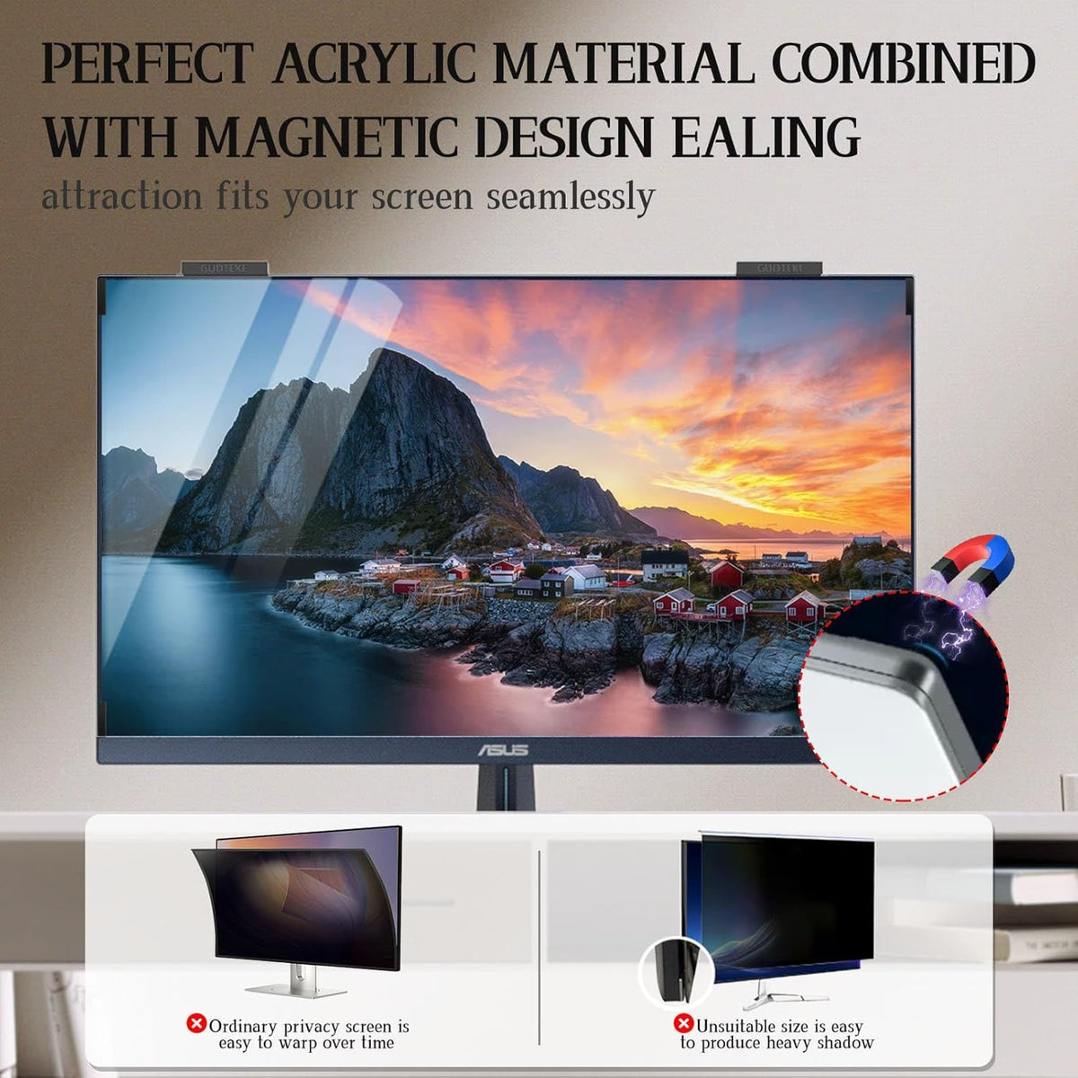 Magnetic Computer Privacy Screen 24 inch, Hanging Privacy Screen for Computer Monitor for 16:9 Frameless Monitor, Eye Protection Anti Glare Anti Blue Light Filter