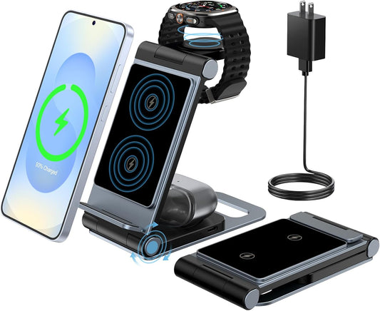Wireless Charger for Samsung 3 In 1 Wireless Charging Station Foldable Wireless Charger Stand for Samsung S25 Ultra S24 S23 S22 Z Flip Z Fold 6 5 for Galaxy Watch 7/6/5/4 for Galaxy Buds Elegant Black