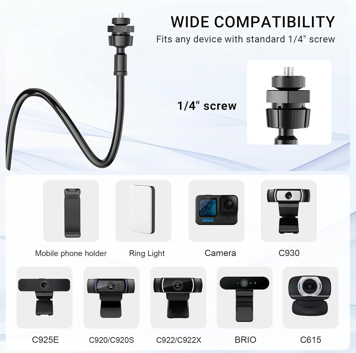 Flexible Webcam Stand Mount for Desk, Gooseneck Webcam Tripod with Clamp, Desktop Phone Holder & Table Top Tripod Compatible with Action Camera Gopro C922 C930e C920S C920 C615 C960 C920x Brio
