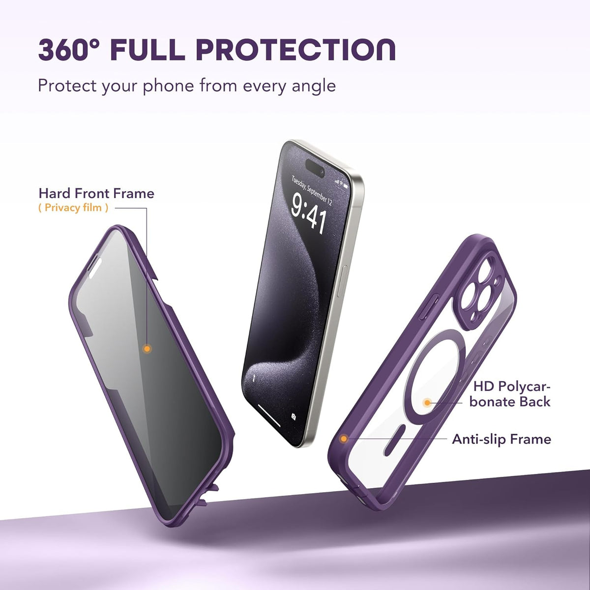 Magnetic for iPhone 15 Pro Case, Compatible with MagSafe, Built-in Privacy Screen Protector and Camera Protection, Anti Spy Full Body Dustproof Shockproof Hard Phone Case 6.1", Light Purple