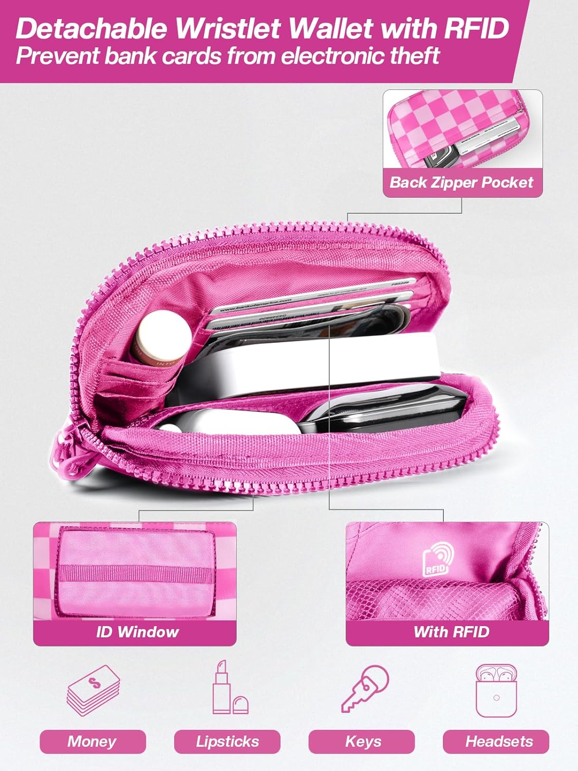 Clip and Go Strap for Phone with Wallet Crossbody Phone Lanyard Adjustable and Detachable RFID Wristlet Wallet with ID Window and Zipper, Pink Check
