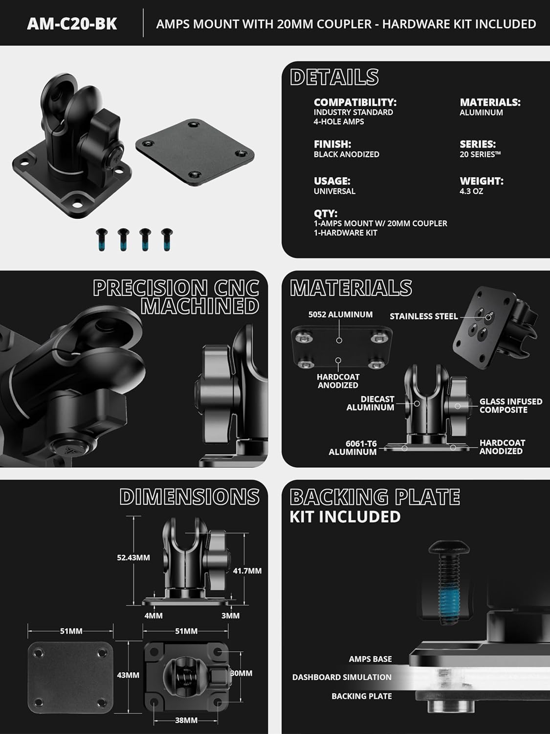 Tackform AMPS Short Reach Adapter - 20mm Aluminum Ball Socket, Compatible with Bulletpoint, Mount to Dash