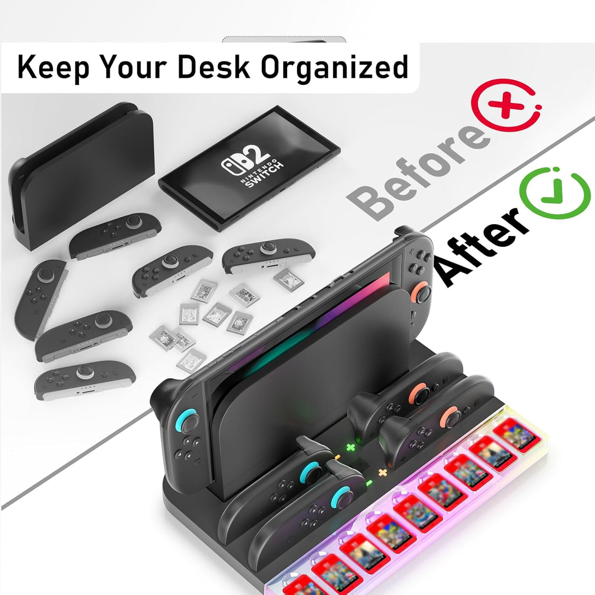 Charger Dock Station for Nintendo Switch 2 Joycon, Switch 2 Charging Dock with RGB Light Mode, Portable Charging Station with 9 Game Slots