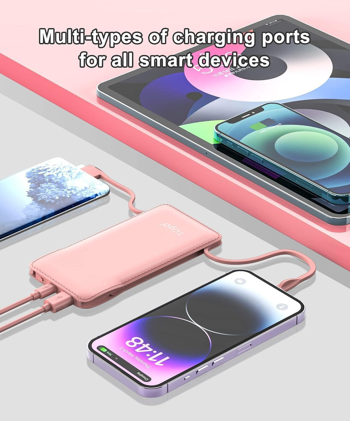 TG90° 2 Pack 10000mAh Portable Charger Slim Power Bank with Built in Cables,Travel Charger Cell Phone External Battery Pack,4 Output External Battery Pack Compatible with iPhone and Android Devices