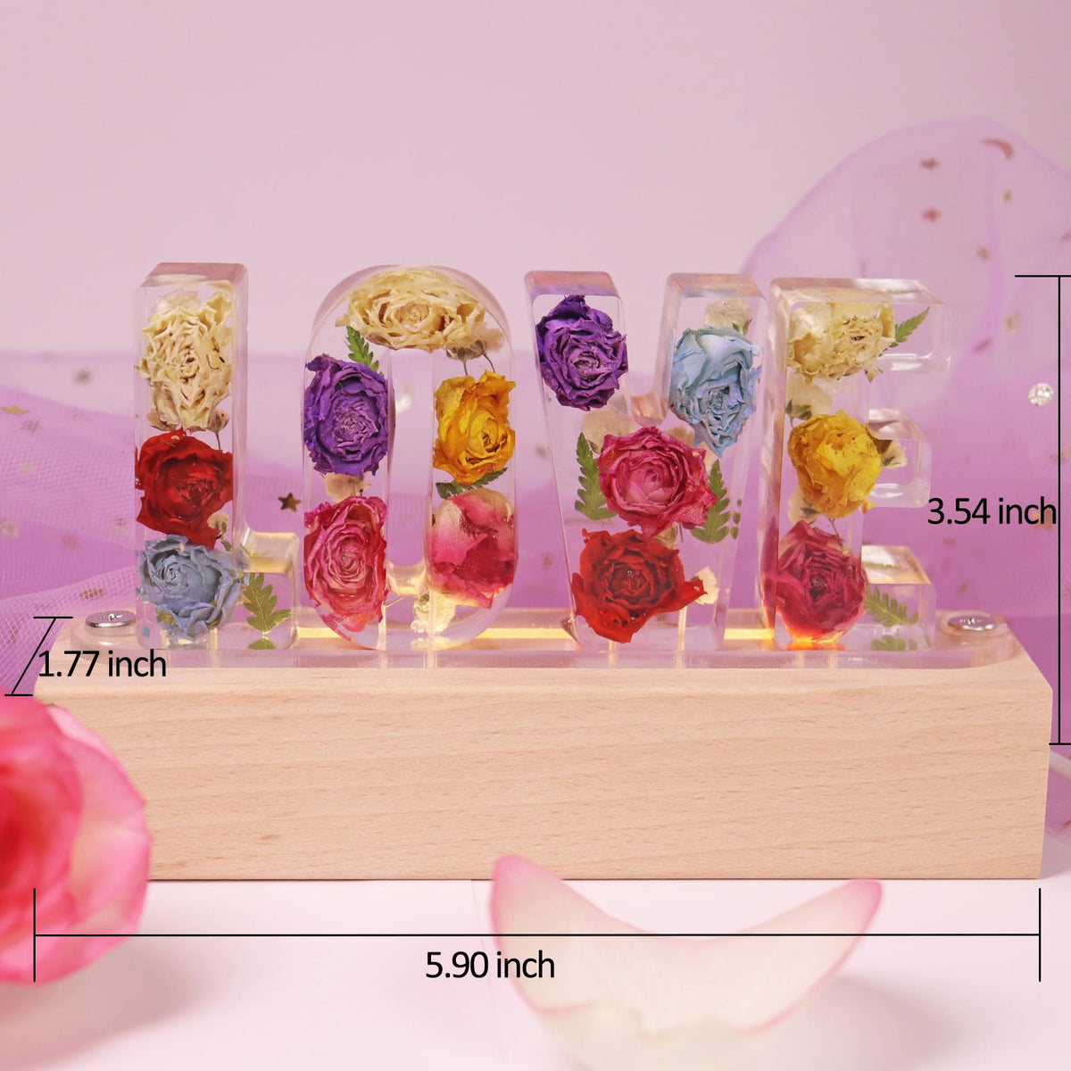 Sleeping Piggy Handmade Floral Resin Dried Roses Night Light Pressed Dry Flower Lights Lamp Gifts for Women Girls Bedroom Decor