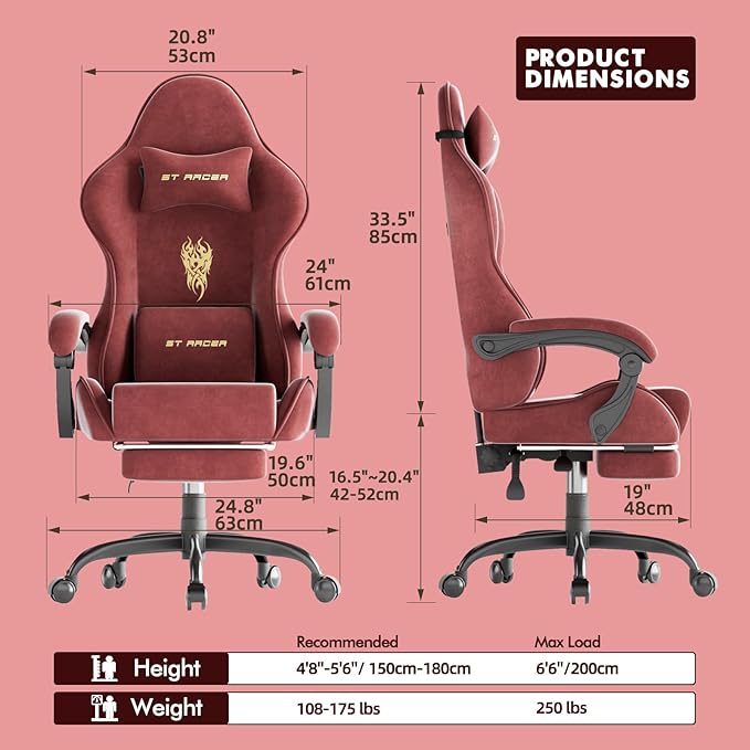 Ferghana Velvet Fabric Gaming Chair Ergonomic Gamer Chair for Adult Comfortable Video Game Chair with Footrest and Massage Lumbar Cushion Racing Reclining Office Home Computer Desk Chair Red