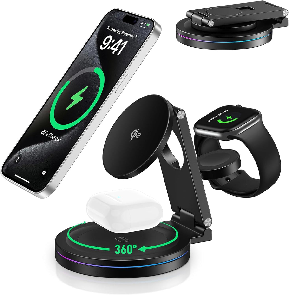 2025 Upgraded Qi2 Foldable 360º Rotatable Zinc Alloy 3 in 1 Magnetic Wireless Charging Station,3-in-1 Qi2 Charger for Apple iPhone 12~16,iWatch,AirPods(30W Adapter & Case Included)(Black)