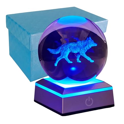 3D Crystal Ball Night Light with LED Base - 3.15 Inch Glass Ball Wolf Lamp, Perfect for Birthday, Holiday, Xmas Gifts for Boys, Girls, Friends