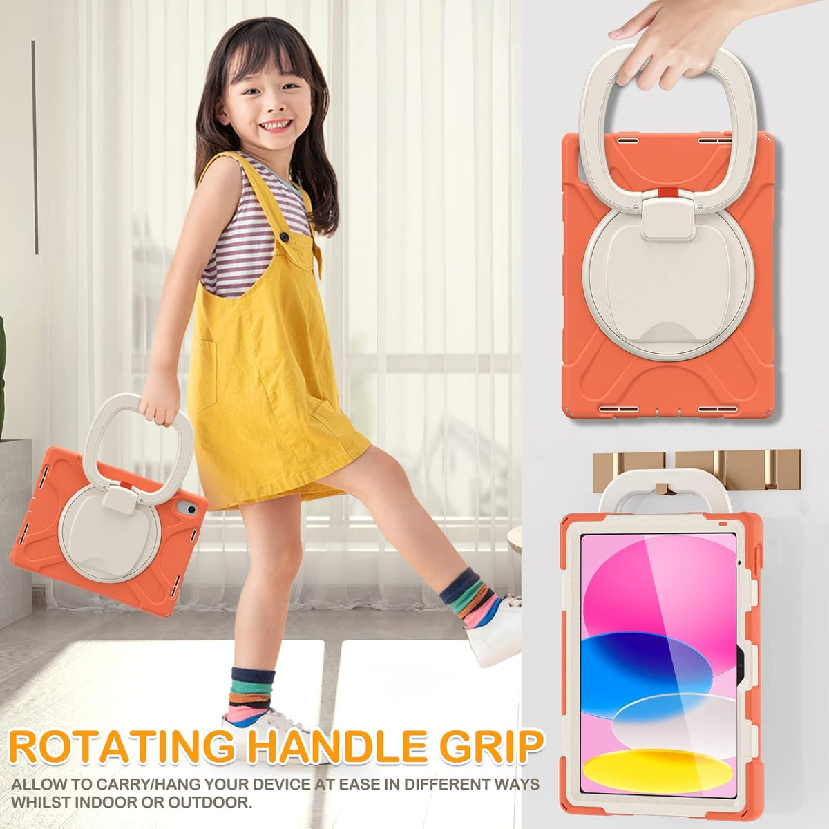 BRAECN Kids Case for iPad (A16) 11th/10th Generation 11”/10.9'' 2025/2022, Rugged Silicone Cover with Screen Protector/Swivel Ring Stand/Kickstand/Handle Grip/Carrying Shoulder Strap, Coral Orange