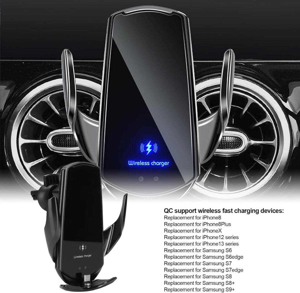 Q3 15W Smart Sensor Car Magnetic Charger - Automatic Clamping Arm, 360 Degree Spherical Joint for iPhone and Samsung