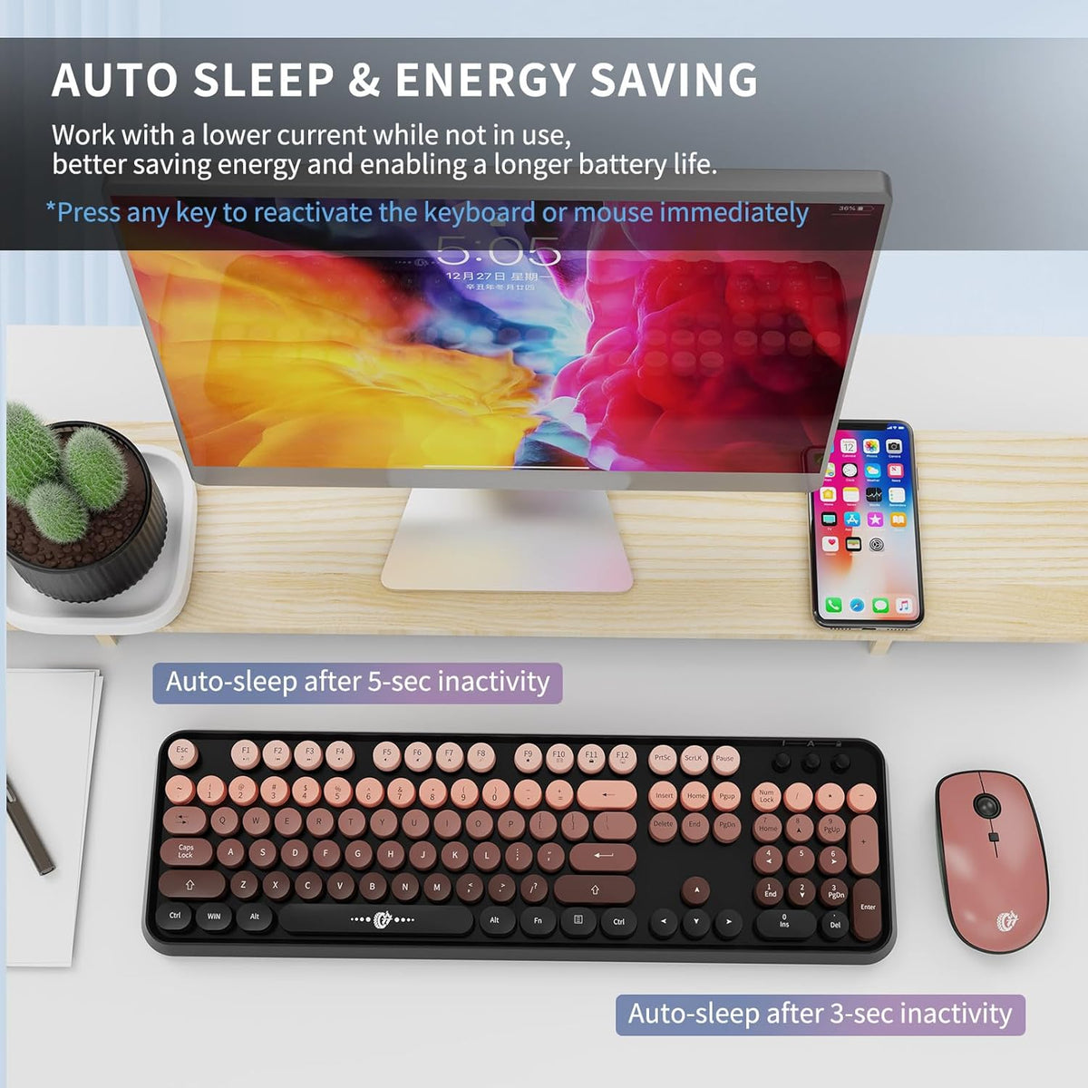 Wireless Keyboard and Mouse Combo, 104 Round Keys Cute Colorful Keyboard and Mouse with Retro Typewriter for PC/Mac/Laptop/Tablet/Computer/Windows Black