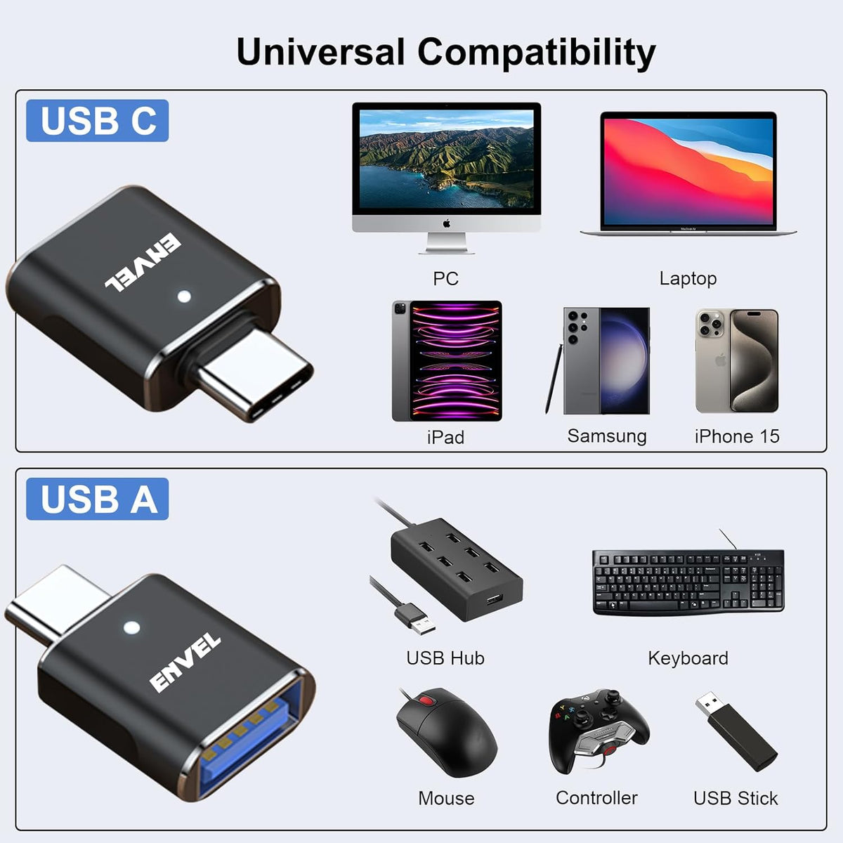 ENVEL USB C to USB Adapter, 4 Pack USB 3.0 to USB C OTG Converter, Compatible with iPhone, Galaxy, iPad