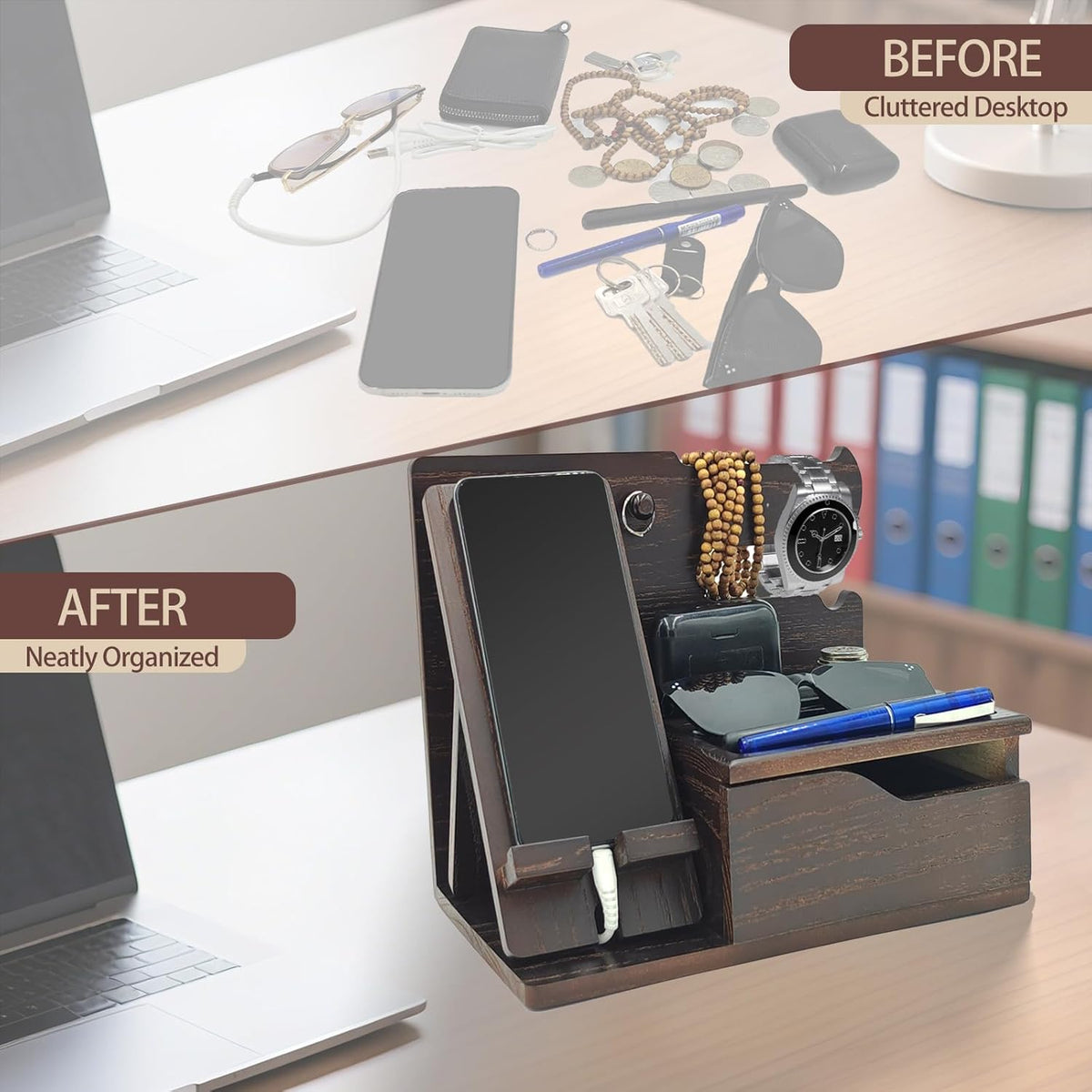 3-in-1 Wood Phone Docking Station Organizer with Drawer & Hidden Charging Hole for Phone, Keys, Glasses & Accessories, for Men (Brown, 01)
