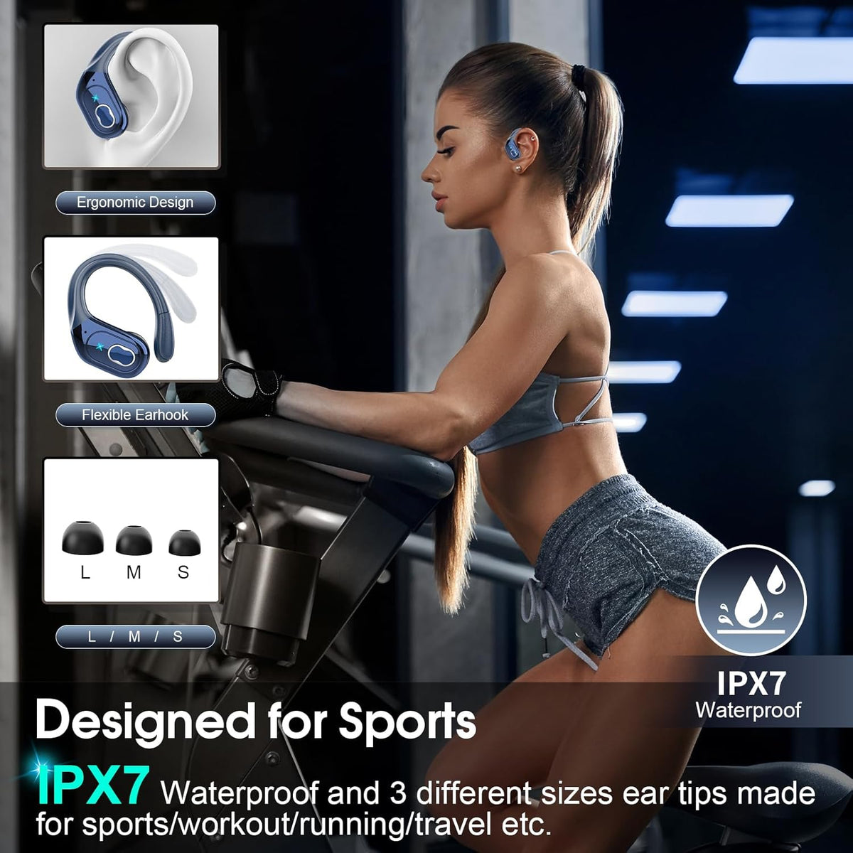Wireless Earbuds 75hrs Bluetooth 5.4 Headphone Sport, 2025 Bluetooth Earbuds Stereo Deep Bass Over Ear Bud with Earhooks, ENC Noise Cancelling Mic, IPX7 Waterproof Earphone, Royal Blue