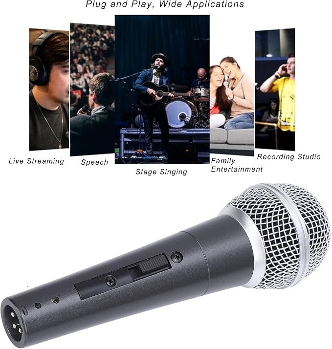 Wired Dynamic Microphone Moving Coil Cardioid Handheld with Shock Absorber for Active Speakers Mixers Amplifiers Recording (Black)